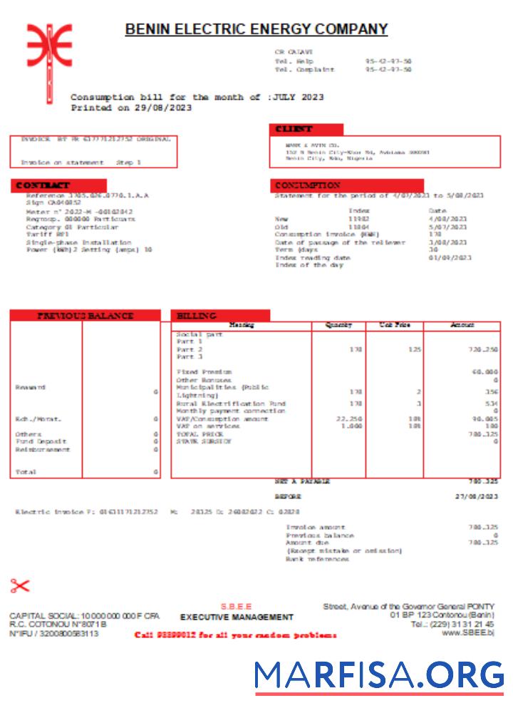 Realistic Benin Electricity Distribution Company Plc. utility business bill SCR template